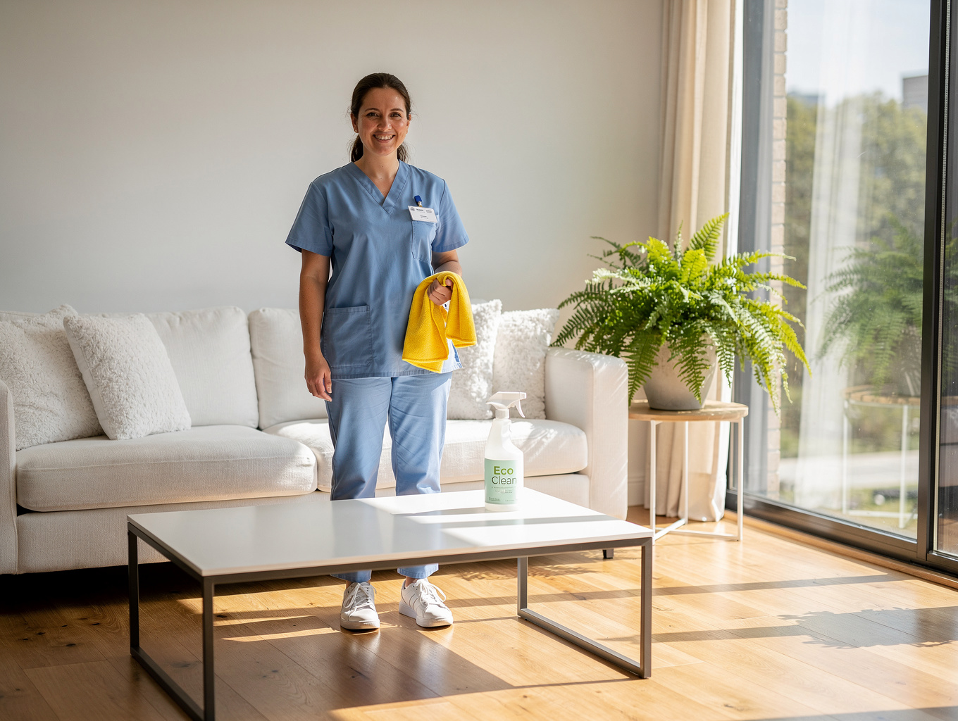 FreshNest cleaning team members smiling in a bright, clean living room