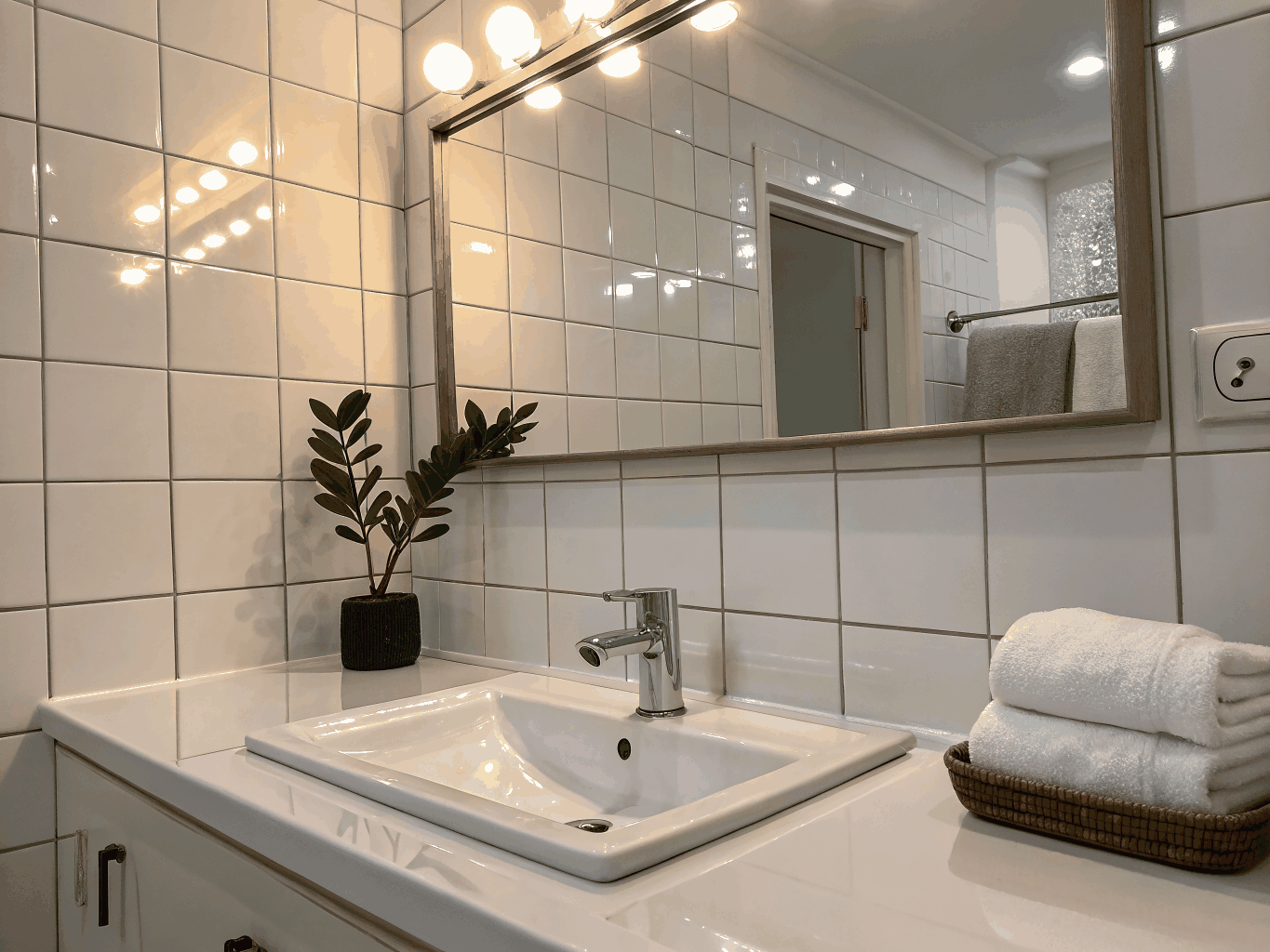 Sparkling clean modern bathroom with gleaming fixtures and spotless glass shower