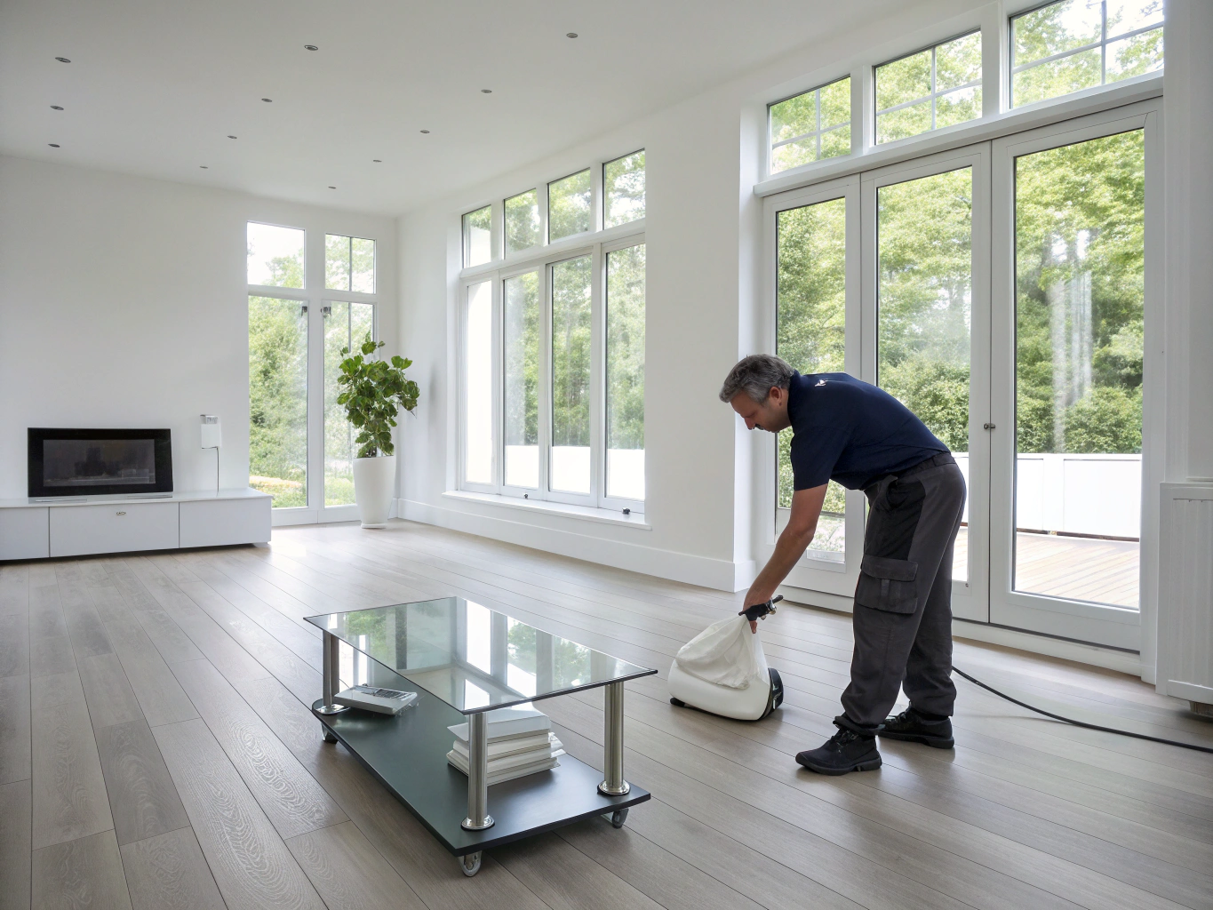 Spacious family open room with vacuumed area rug and spotless coffee table