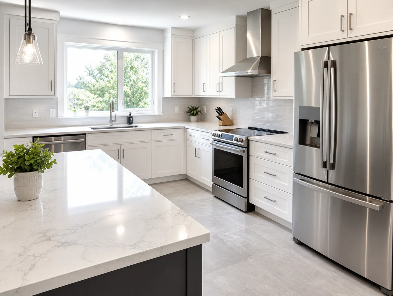 Bright and immaculately clean residential kitchen with polished marble counters