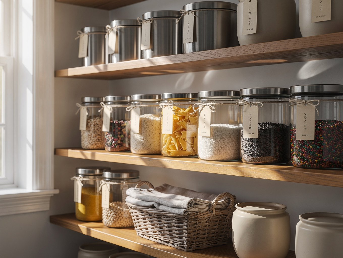 Neatly detailed and organized kitchen pantry shelving with clean lines