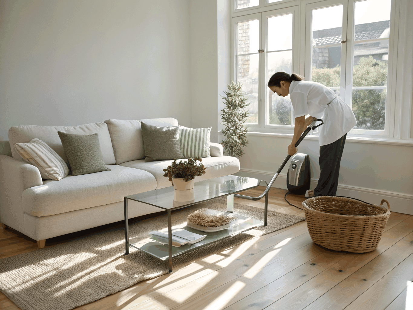 Bright and tidy living room cleaned on a recurring schedule