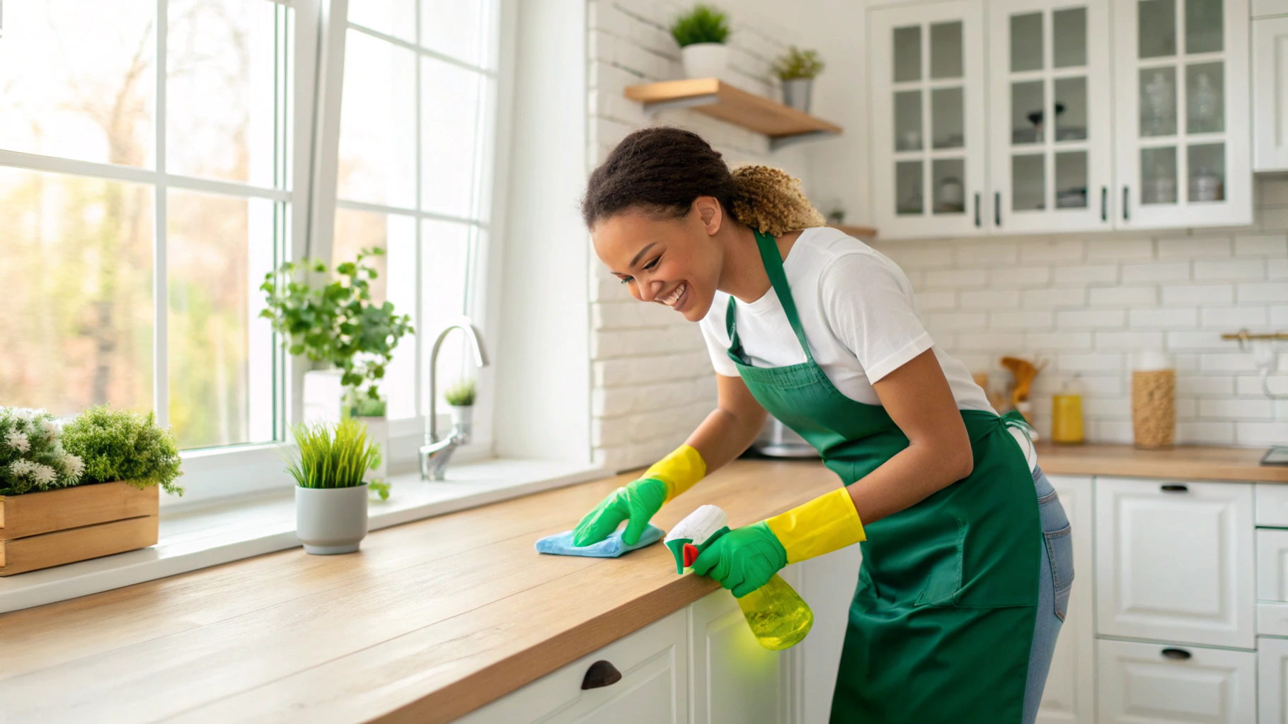 Residential cleaning professional actively cleaning a bright, sunlit family home